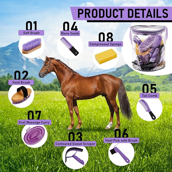 9 Pieces Horse Grooming Kit Tack Room Supplies Set with Organizer Tote Bag, Oval Massage Curry, Hard and Soft Brush, Hoof Pick, Sweat Scraper, Bathing Sponge, Combs for Horse Riders Beginners (Purple)-PurrikoPets