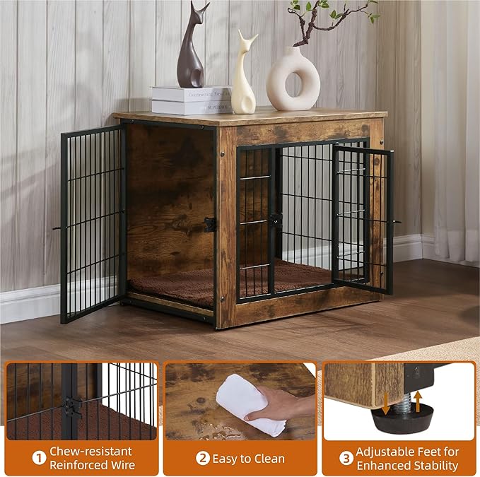 FLEXIMOUNTS Dog Crate Furniture with Cushion, Wooden Dog Kennel Furniture, Heavy Duty Dog Cage, 27" Dog Kennel with Double Doors-PurrikoPets