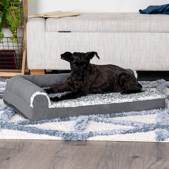 Furhaven Cooling Gel Dog Bed for Medium/Small Dogs w/ Removable Bolsters & Washable Cover, For Dogs Up to 35 lbs - Two-Tone Plush Faux Fur & Suede L Shaped Chaise - Stone Gray, Medium-PurrikoPets