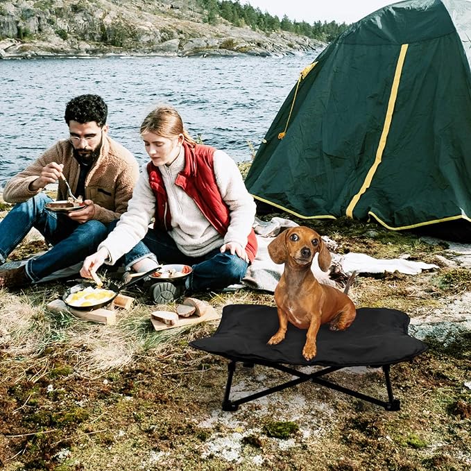 Elevated Dog Bed, Portable Raised Pet Cot for Outdoor and Indoor Folding Dog Cot Bed with Comfortable Padded Filling Carrying Bag Included Pet Raised Travel Lounger for Camping Traveling (28x28x8inch)-PurrikoPets