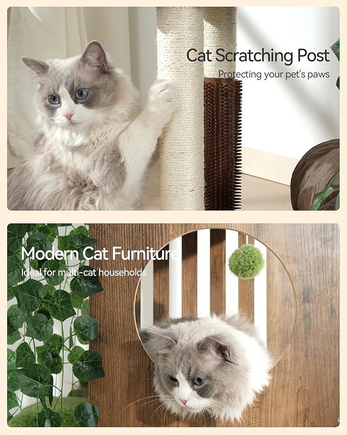 FourFurPets Large Cat Tree with Leaves, 72.8-Inch Cat Tower for Indoor Cats, Modern Cat Tree with Scratching Post, Large Perch, Tunnels, Swing Ball, Self Groomer, Greige-PurrikoPets