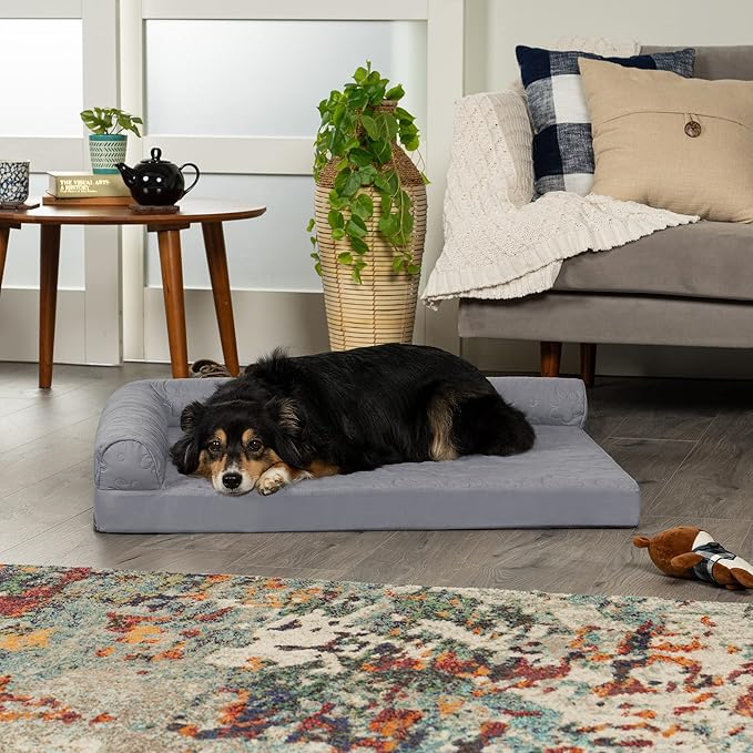 Furhaven Cooling Gel Dog Bed for Large/Medium Dogs w/ Removable Bolsters & Washable Cover, For Dogs Up to 55 lbs - Pinsonic Quilted Paw L Shaped Chaise - Titanium, Large-PurrikoPets