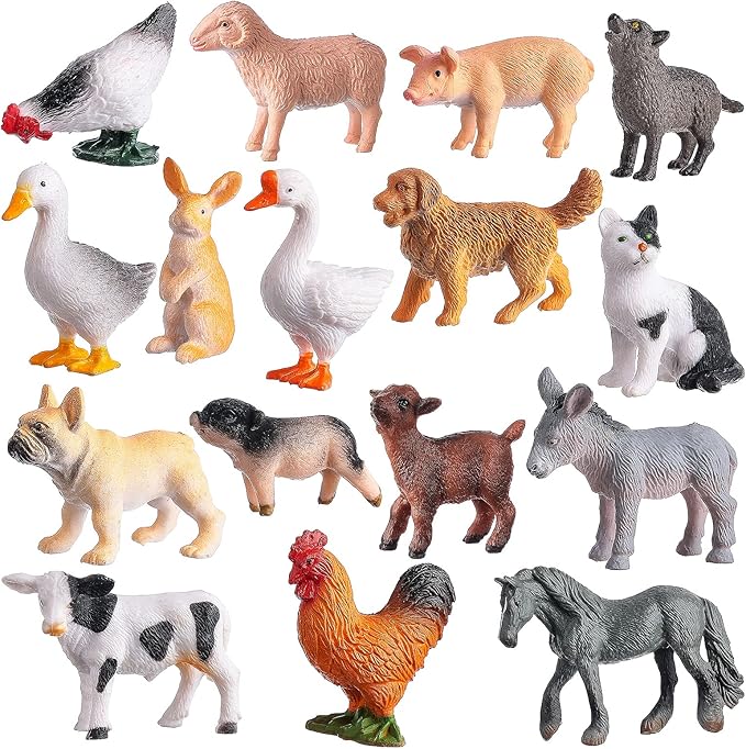 16Pcs Small Animals Figures, Realistic Farm Animals Toys for Cupcake Toppers, Learning Educational Toys, Birthday Party Favors Gift for Kids-PurrikoPets