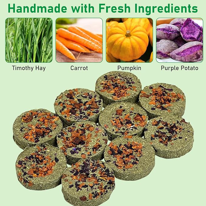Fhiny 24 PCS Rabbit Chew Toys, Natural Timothy Hay Carrot Pumpkin Purple Potato Biscuit Cubes Bunny Chew Treats for Teeth Care Small Animals Molar Snacks for Hamster Guinea Pig Chinchilla Rat-PurrikoPets