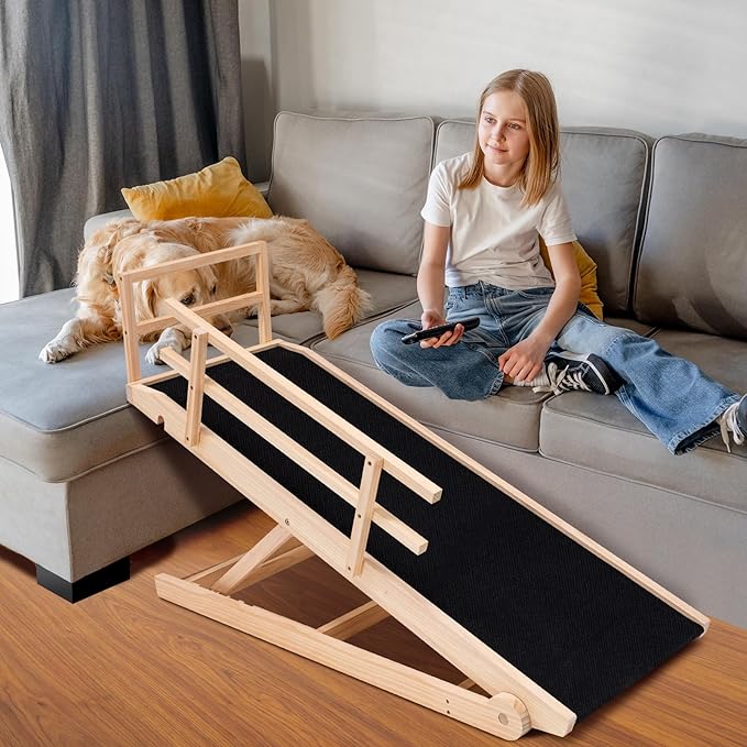 Dog Ramp for Bed, Adjustable Pet Ramps for Dog to Get on Bed, Non-Slip Rubber Surface - Folding Wooden Dog Ramp for Small/Large/Old Dogs, Adjustable up to 27.5 inch High Beds, Safety Railings-PurrikoPets