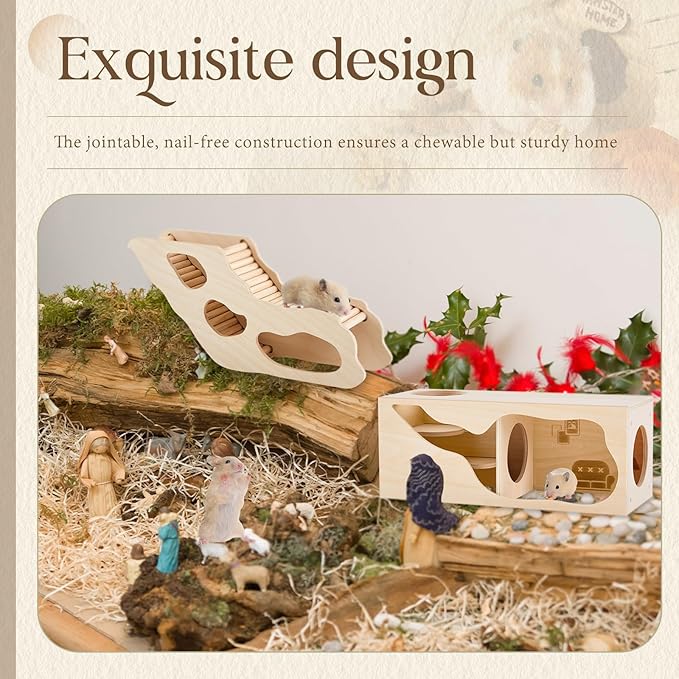 2 Pcs Hamster Houses and Hideouts Hamster Tunnel Set Wood House for Hamster with Climbing Ladder Exploring Tunnel Multi Chamber Maze for Small Animals Pets Gerbils Hedgehogs Rats Mice-PurrikoPets
