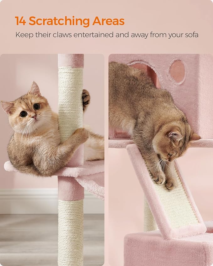 Feandrea Cat Tree, 81.1-Inch Large Cat Tower with 13 Scratching Posts, 2 Perches, 2 Caves, Basket, Hammock, Pompoms, Multi-Level Plush Cat Condo for Indoor Cats, Jelly Pink UPCT190P01-PurrikoPets