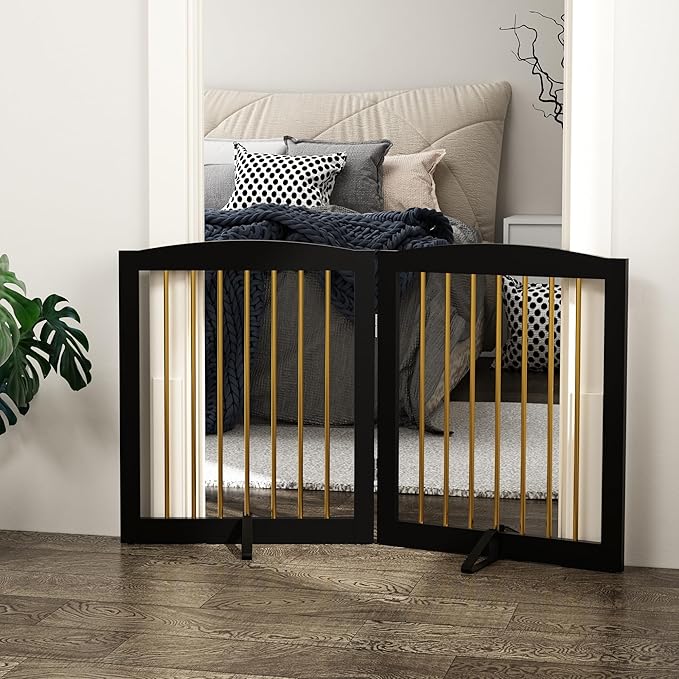 Freestanding Pet Gate for Dogs, Foldable Wooden Dog Gate for House, Stairs, Doorways, Step Over Pet Puppy Safety Fence,Support Feet Included,24" Height 2 Panels, Black&Gold-PurrikoPets