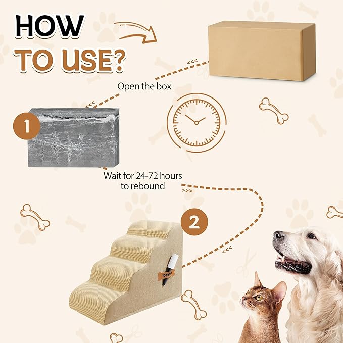 Dog Stairs, Romrol Dog Steps Ramp for High Bed and Couch, Dogs Ramp with Durable Non-Slip Waterproof Fabric Cover, Pet Stairs for Small Dogs and Cats or Pets Joints, 4-TiersBeige-PurrikoPets