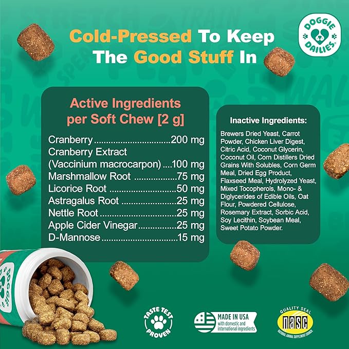 Doggie Dailies Cranberry Supplement for Dogs - Urinary Tract, Bladder & Kidney Support for Dogs - Cranberry for dogs with Marshmallow Root, Licorice Root & Apple Cider Vinegar (Chicken) 225 Soft Chews-PurrikoPets