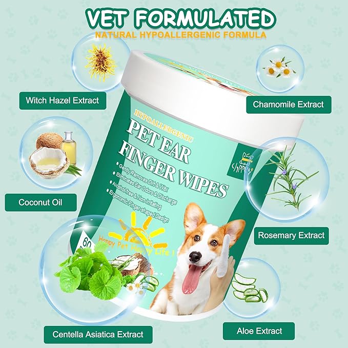 60 ct Pet Ear Finger Wipes for Dogs - Extra-Coverage and Large Design with Coconut Oil and Aloe Vera, Relieve Ear Itching and Inflammation, Remove Ear Wax and Debris, Soothing Cleansing Deodorizing-PurrikoPets