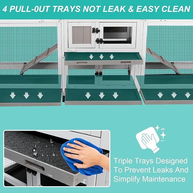 2-Tier Rabbit Hutch with Wheels, Indoor & Outdoor Small Animal Cage with Deep Pull-Out Tray, Anti-Chew Frame, Habitat for Bunny, Guinea Pig, Chinchilla (93" L x 19" W x 35" H)-PurrikoPets