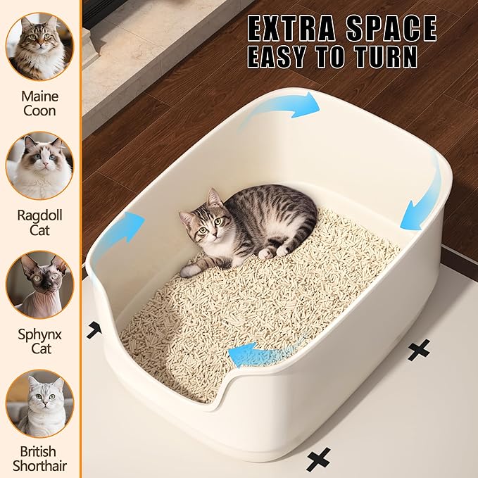 Gefryco Large Cat Litter Box with High Sided 24.6"x18.3"x12.2" - Jumbo Extra Large Open Anti - Splashing High Wall for Multiple Cats (White)-PurrikoPets