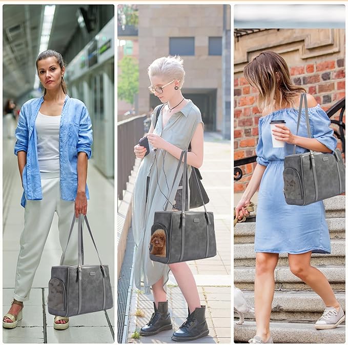 Fashion Dog Purse Pet Carrier Leather Bag for Small Dogs Cats Puppy, Portable Tote Bag Airline Approved Soft-Sided Carriers (Grey)-PurrikoPets