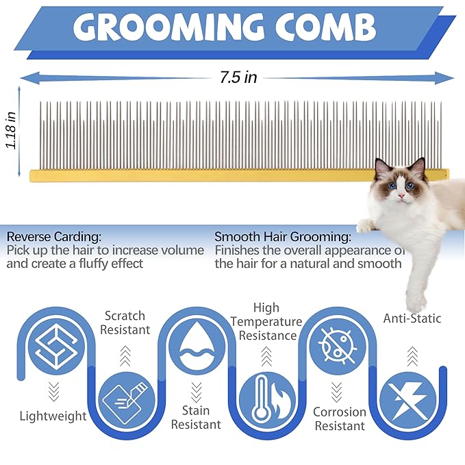 8.5 Inch Dual Tooth Pet Comb for Mats and Tangles，Professional Grooming Comb Removing Excess Hair for Long-Haired Cats and Dog Kit,Prevent Undercoat, Excess Hair,Mats and Tangles,Pet Essential-PurrikoPets