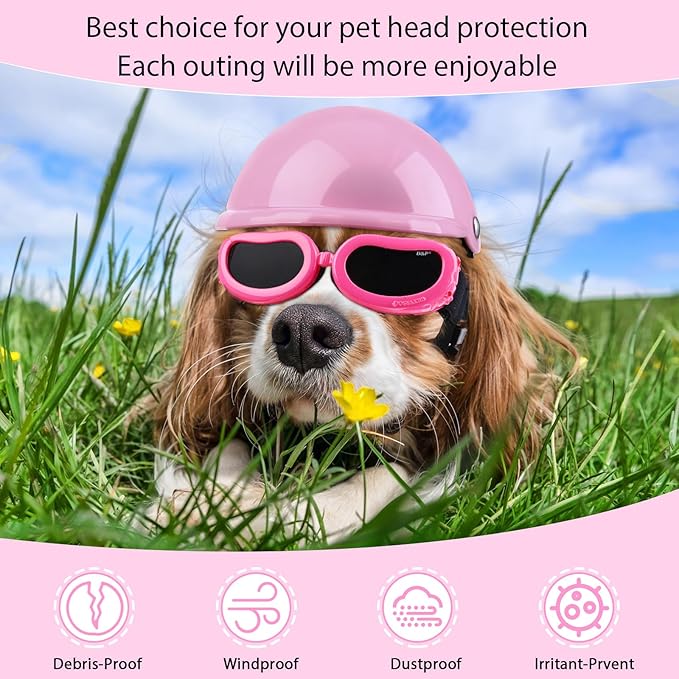 Frienda Dog Helmet and Goggles, UV Protection Doggy Sunglasses and 4 Inch Padded Puppy Motorcycle Helmet Adorable Dog Goggles with Adjustable Belt for Small Dogs Puppy Riding(Pink,S)-PurrikoPets