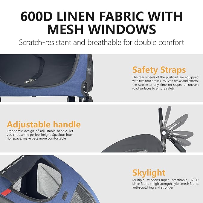 Extra Large Dog Stroller for Medium & Large Pets - Foldable Design, Adjustable Handle, Up to 130 lbs(Blue)-PurrikoPets