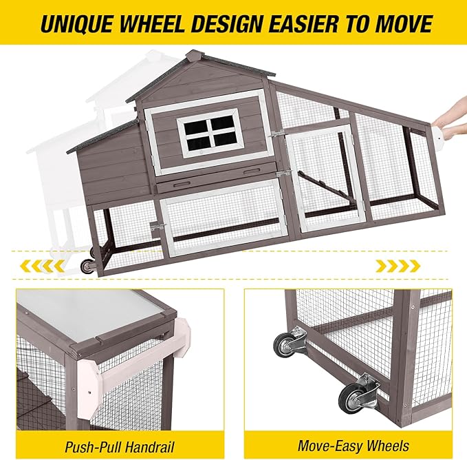 Aivituvin Chicken Coop Outdoor with Wheels, Mobile Hen House Wooden Poultry Cage with Run & Waterproof Roof (Grey with White)-PurrikoPets