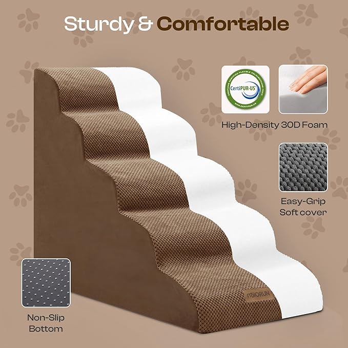 Dog Stairs for High Beds Up to 26-30", 5-Step Foam Pet Ramp with Washable Cover, Gentle Slope Steps, Bed & Couch Ladder for Small Medium Dogs & Senior Cat, Puppy Stairs to Get on Tall Furniture-PurrikoPets