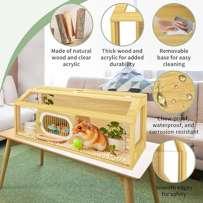 48" Large Hamster Cage, Chewproof Gerbil Cages and Habitats, Openable Top Roof Window with Silencing Pad, Wooden Guinea Pig Cage for Small Animals, Dwarf and Syrian Hamster, 40 x 20 x 20 Inches-PurrikoPets