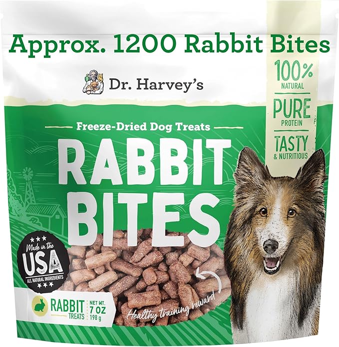 Dr. Harvey's Rabbit Bites Freeze-Dried Raw Dog Treats, Single Ingredient, All-Natural Rabbit Meat Protein for Dogs, Allergen-Free, 7 Ounces (1 Pack)-PurrikoPets