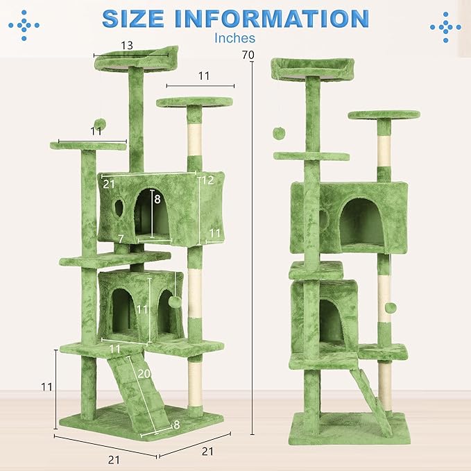 FDW Cat Tree 70in Cat Tower Multi-Level Durable Cat Scratching Post & Cozy Fun Cat Jumping Platform Space Saving Cat Condo Pet Play House for Indoor Cats,Green-PurrikoPets