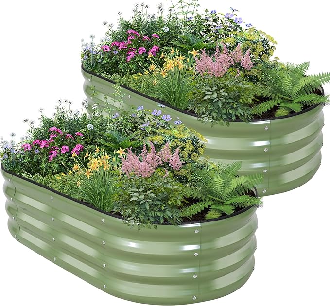 Galvanized Raised Garden Bed - 4×2×1ft (2 Packs) Planter Raised Beds for Gardening | Oval Metal Garden Planter Box with Safety Edging and Gloves for Vegetables Fruits and Flower OliveGreen-PurrikoPets