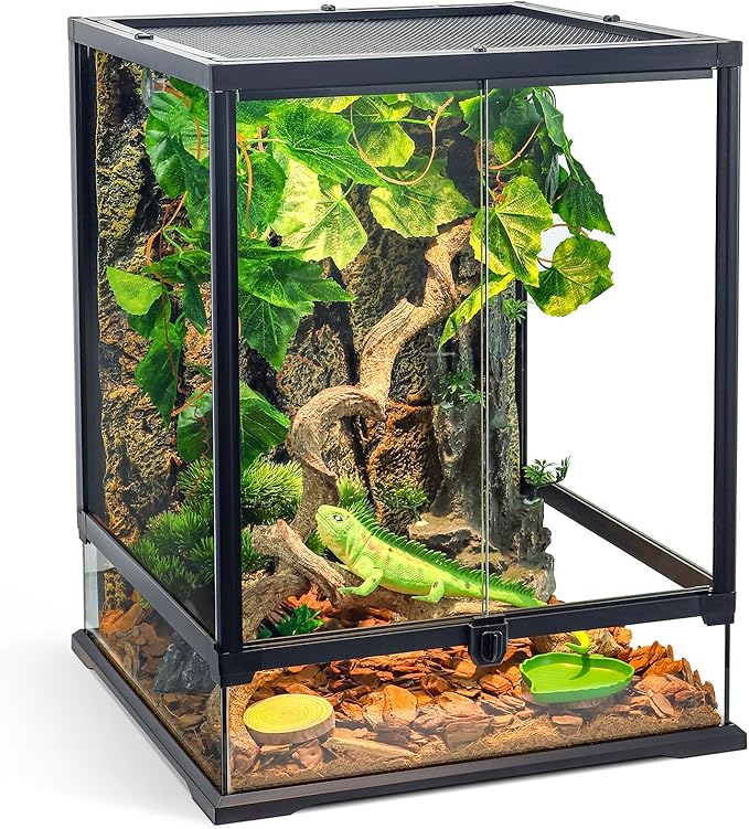 360° Clear View 35 Gallon 24x18x18 Glass Reptile Terrarium Suitable for Bearded Dragon, Chameleon, Crested Gecko, Multi-Pet Enclosure with Front Door, Excellent Ventilation, Hidden Wiring Holes-PurrikoPets