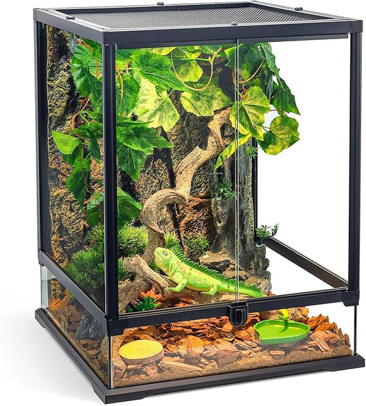 360° Clear View 35 Gallon 24x18x18 Glass Reptile Terrarium Suitable for Bearded Dragon, Chameleon, Crested Gecko, Multi-Pet Enclosure with Front Door, Excellent Ventilation, Hidden Wiring Holes-PurrikoPets