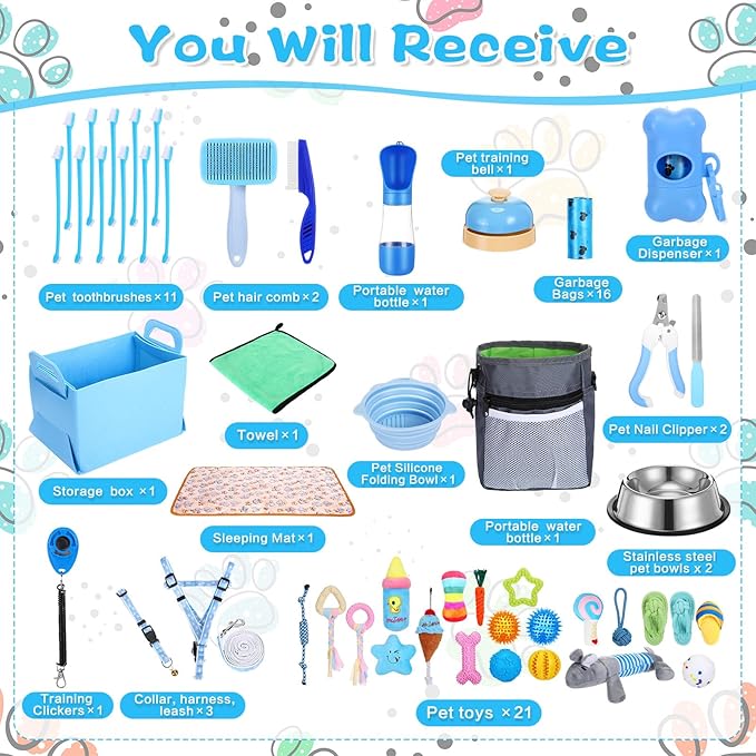 65 Pcs Puppy Supplies Starter Kit Small Dog Essentials Includes Dog Leash, Toys, Bowl, Brushes, Water Bottles, pet Blankets Puppy Accessories for New Welcome Gift Supplies(Cool,Blue)-PurrikoPets