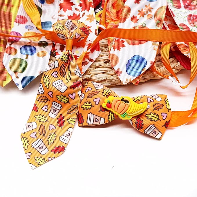 22pcs Fall Dog Bow Tie, Adjustable Bowtie Collar Attachment for Small Medium Pets, Bulk Neckties Set for Thanksgiving Day,Autumn Pet Supplies Charms Hair Costume Accessories(Maple Leaf, Pumpkin)-PurrikoPets