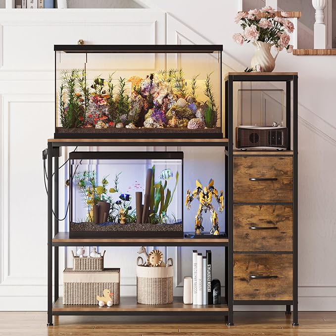 20 Gallon Aquarium Stand with Power Outlets Fish Tank Stand with 3 Drawers Metal Frame Heavy Duty Reptile Tank Stand with 3-Tier Storage Shelves,Left/Right Assembly, Adjustment Height-PurrikoPets