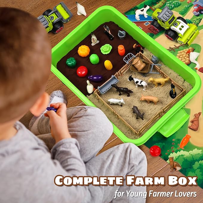 69 PCS Farm Sensory Bin Toys Playset, Sandboxes with Sand, Farmer Tractor & Farm Animals Figures Toys for Kids 3 4 5, Gifts for 6 7 Years Old Boys Girls Toddlers-PurrikoPets
