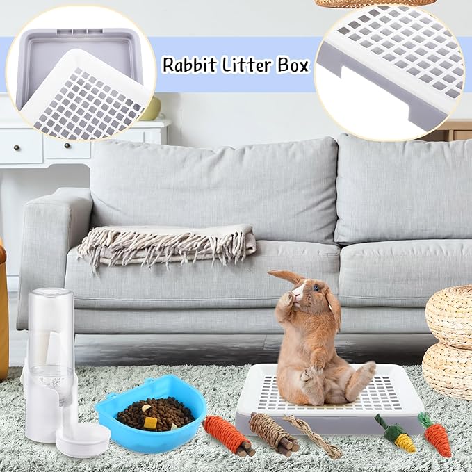 19 Pcs Rabbit Starter Kit Small Bunny Litter Box Animal Grooming Kit Water Bottle Bunny Toys Hay Feeder Bowl Blankets with Cleaning Set for Guinea Pig Rabbit Accessories-PurrikoPets