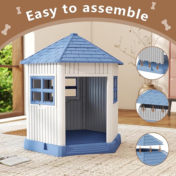 DRATO Dog House Indoor Outdoor Durable Large Dog Shelter with Outside Dog Kennel with Window and Elevated Floor for Small Medium Dogs (Blue, 34.8 * 30.51 * 36.89)-PurrikoPets