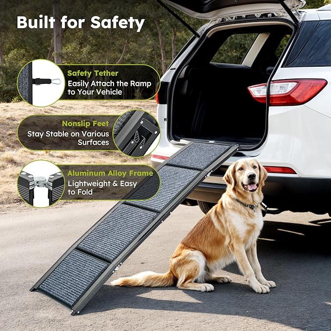 Dog Ramp for Car, 63" Folding Pet Ramp for Large Dogs up to 200 lb, 17" Wide Car Ramp for Dog, Portable Pet Stair Ramp with Nonslip Rug Surface, Outdoor Dog Ramp for Truck SUV High Bed Couch-PurrikoPets