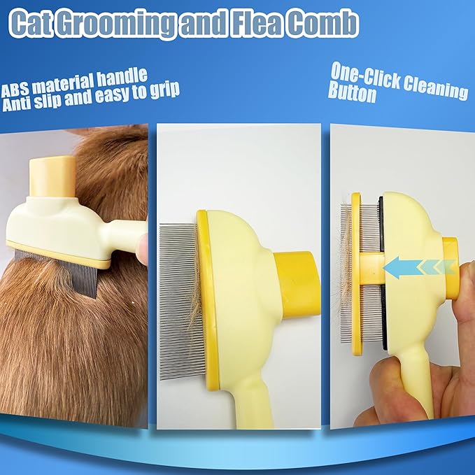 Flea Comb for Dogs and Cats with Release Button Fine Tooth Dog Comb for Grooming Massaging and Cleaning Remove Fleas Eggs Pet Hair Removal for Short and Long Hair 2 Pack-PurrikoPets