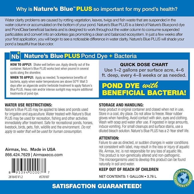 Airmax Pond Dye Plus, Nature's Blue Colorant & Natural Beneficial Bacteria, Large Pond & Lake Water Clarifier & Color Treatment, Shade Plants & Algae from Sunlight, Fish & Livestock Safe, 4 Gallons-PurrikoPets