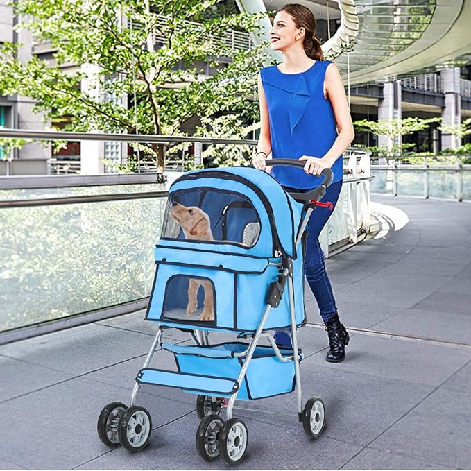 Dog Stroller, Folding 4 Wheels Pet Stroller for Small Medium Dog Cat Travel Carrier with Weather Cover Storage Basket Cup Holders Blue-PurrikoPets
