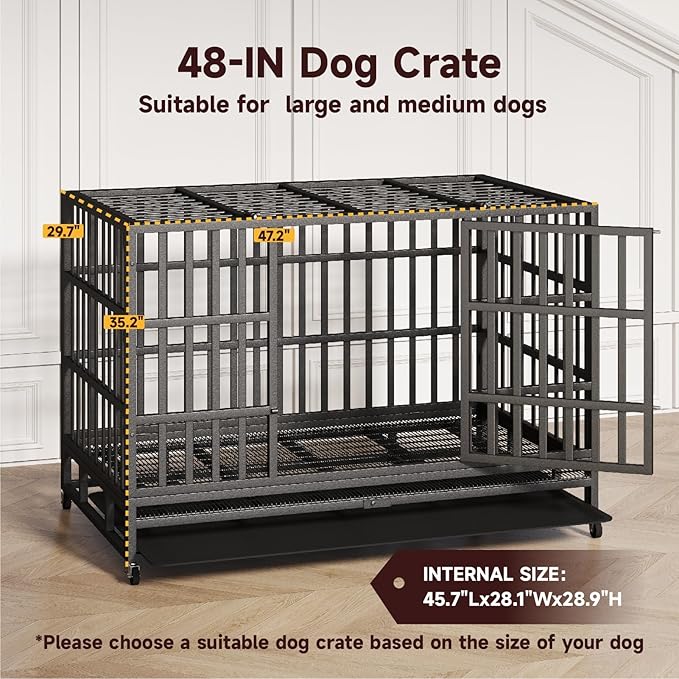 48 Inch Heavy Duty Indestructible Dog Crate Steel Escape Proof, High Anxiety Cage, Kennel with Wheels, Removable Tray, Extra Large XL XXL-PurrikoPets