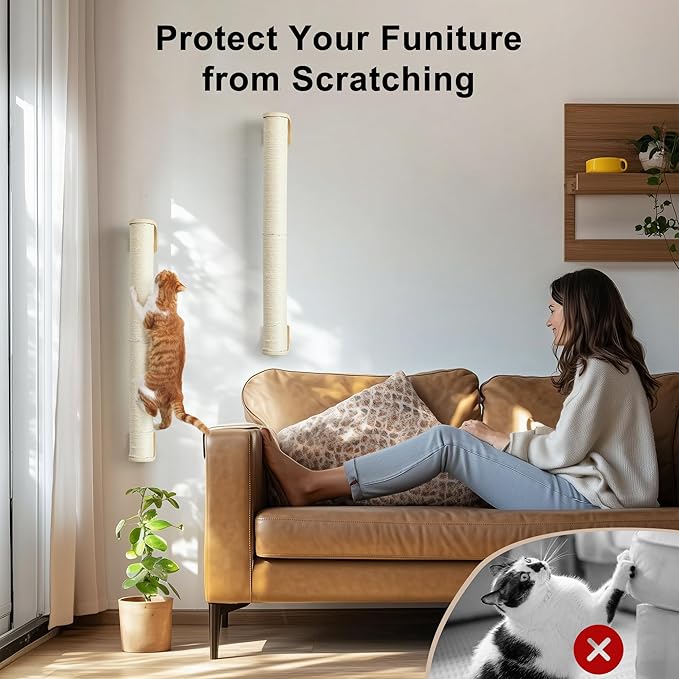 FUKUMARU Cat Wall Scratcher, 28" Wall Mounted Kitten Scratching Post, Sturdy Sisal Climbing Tree for Indoor Cats-PurrikoPets