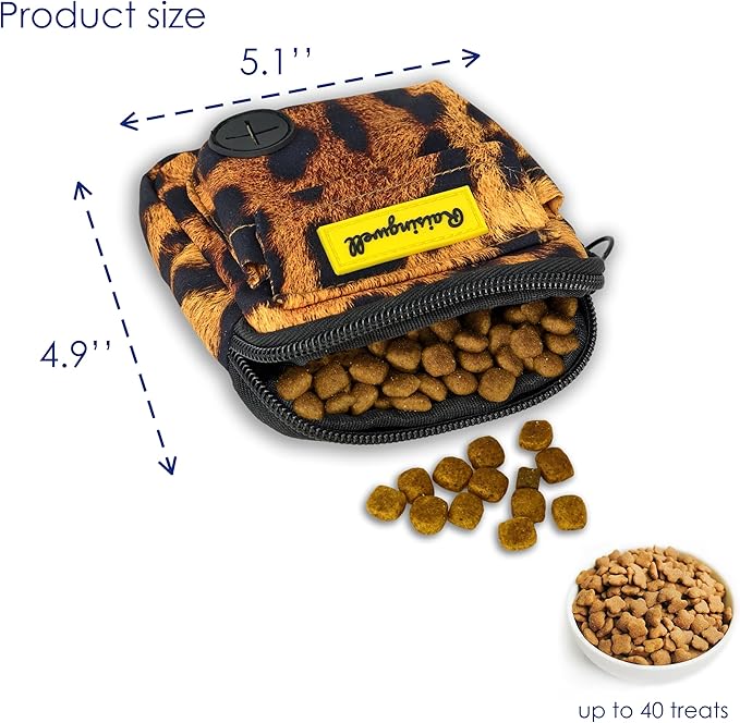 Dog Treat Pouch for Pet Walking and Training with Clicker Poop Bags and Double Bag Design Small Fanny Zipper Pack Holder for Puppy Snack Dispenser Kit for Leash and Outdoor Use Leopard Print-PurrikoPets
