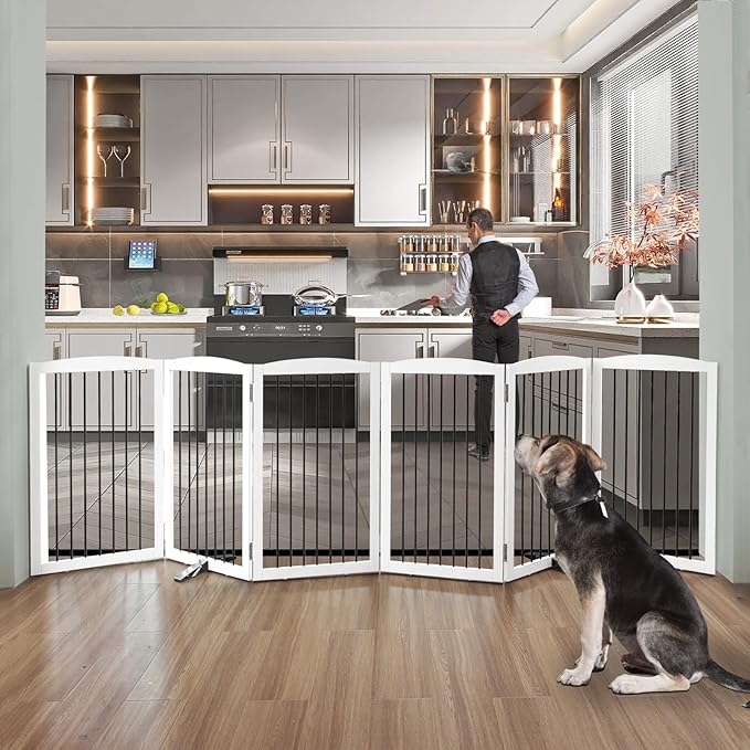 Freestanding Panel Dog Gate for Indoor, Doorways,Stairs, or Hallways,Foldable Wooden Dog Gates for House,Pet Gate for Dogs,Dog Fence, Puppy Gate,Support Feet Included,32 "Height-6 Panels,White-PurrikoPets