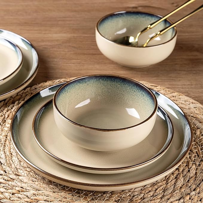 GBHOME Ceramic Dinnerware Sets for 4, 12 Pieces Stoneware Plates and Bowls Sets, Scratch Resistant Dishes, Dishwasher & Microwave Safe, Reactive Glaze-Gravel-PurrikoPets