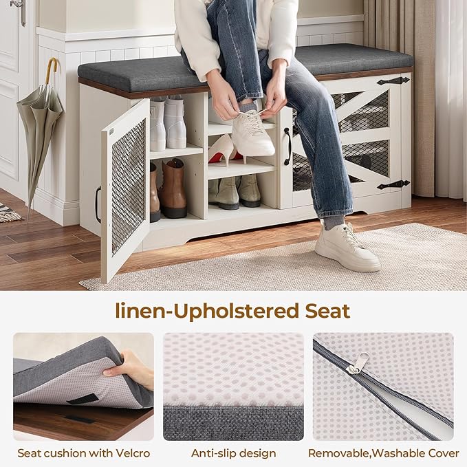 Farmhouse Storage Bench with Cushion, Metal and Wood Shoe Rack Organizer, Adjustable Shelf, Shoe Cabinet with Half Hidden Storage Space, for Entryway, Bedroom, Living Room (Old White, 43.3in)-PurrikoPets