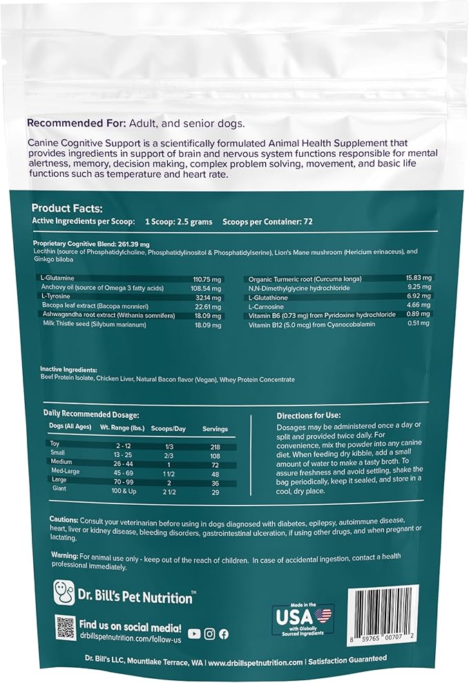Dr. Bill’s Canine Cognitive Support | Memory Support Supplement Multivitamin for Dogs | Contains Gingko Biloba, L-Carnosine, Vitamin B-12, L-Glutamine, L-Tyrosine, and DHA for Adult and Senior Dog-PurrikoPets