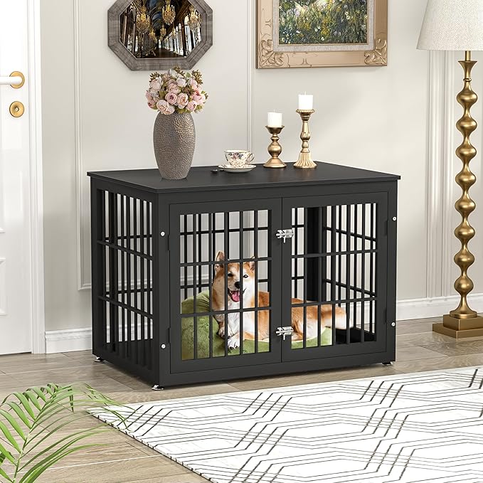 38 Inch Heavy Duty Dog Crate Furniture for Large and Medium Dogs, Decorative Pet House End Table, Wooden Cage Kennel Furniture Indoor, Black-PurrikoPets