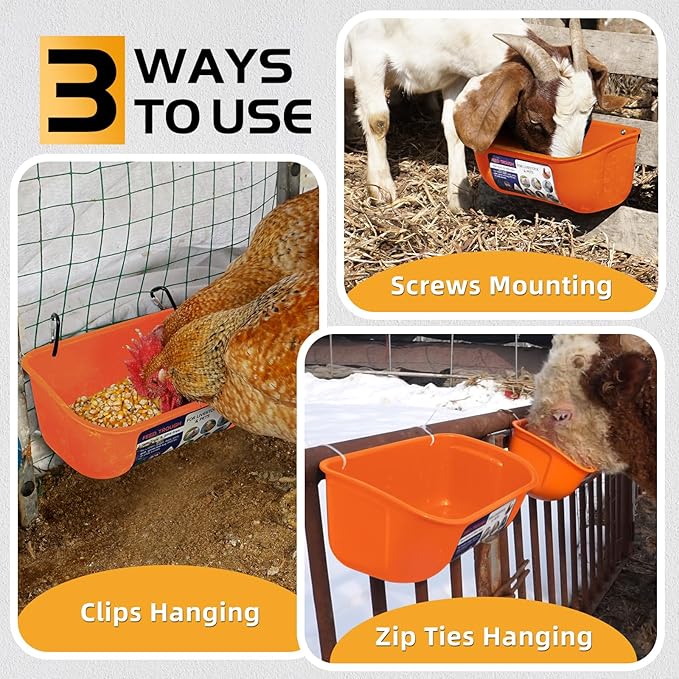 Goovilla Chicken Feeder Waterer, Hanging or Screw-in Fence Feeder with Clips, 2 Pack 5 Quart Goat Feeder Supplies, Duck Piglet Sheeple Coop Dog Livestock Poultry Plastic Feeder Trough Bucket, Orange-PurrikoPets