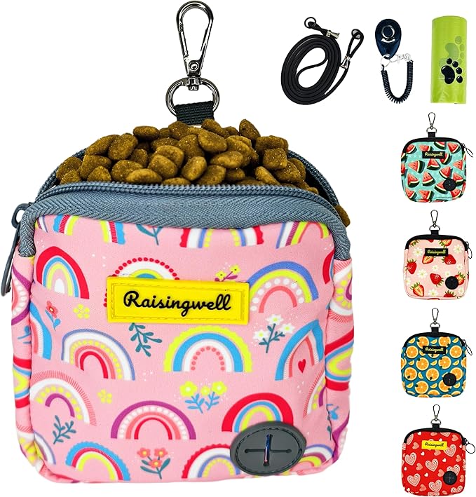 Dog Treat Pouch for Pet Walking and Training with Clicker Poop Bags Small Fanny Zipper Pack Holder for Puppy Snack Dispenser Kit for Leash and Outdoor Use (Rainbow)-PurrikoPets