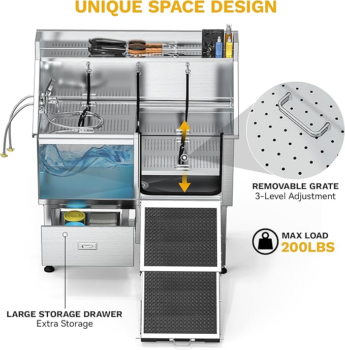 DWVO Professional Dog Bathing Station Stainless Steel 304 Dog Bathtub 50in for Grooming w/Left Door Ramp, 2 Storage Drawers, Faucet, Grate, Pet Washing Station for Large, Medium, Small Pets-PurrikoPets